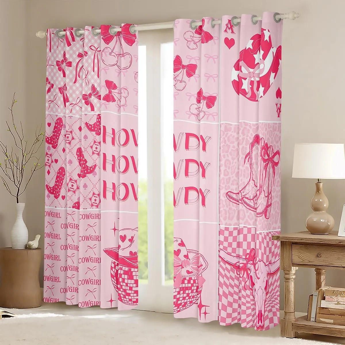 Erosebridal Western Cowgirl Curtains & Drapes Pink Disco Ball Curtains, Howdy Cow Girl Window Curtains for Girls Kids Southwestern Boots 30%-50% Blackout Curtains 38''Wx54''L, 2 Panels