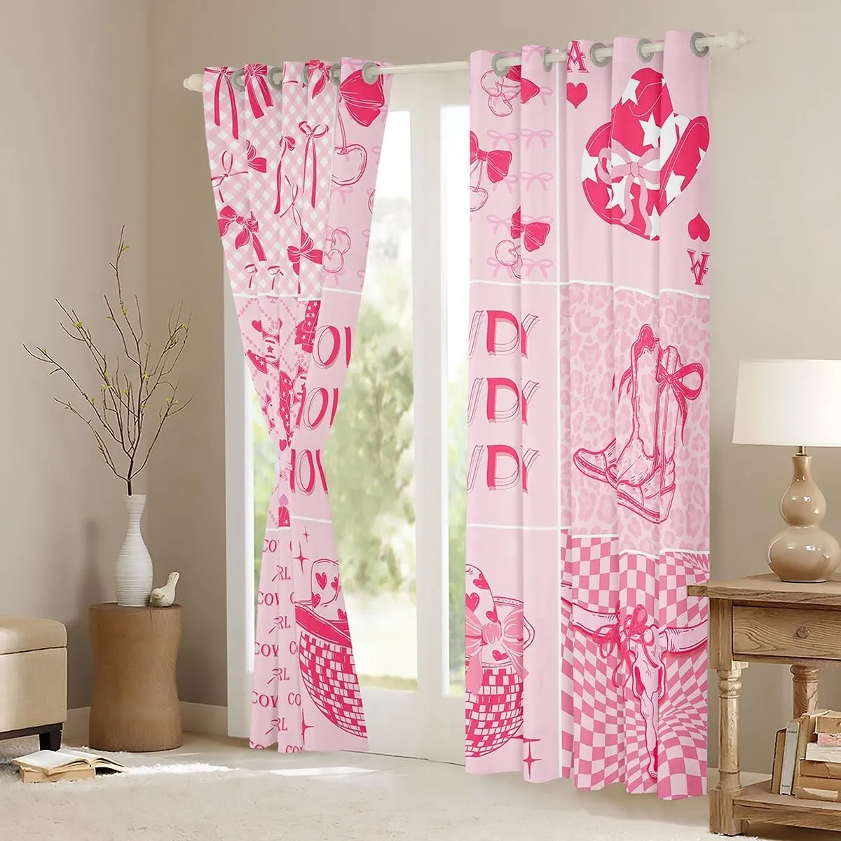 Erosebridal Western Cowgirl Curtains & Drapes Pink Disco Ball Curtains, Howdy Cow Girl Window Curtains for Girls Kids Southwestern Boots 30%-50% Blackout Curtains 38''Wx54''L, 2 Panels
