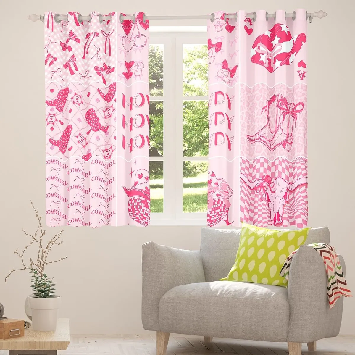 Erosebridal Western Cowgirl Curtains & Drapes Pink Disco Ball Curtains, Howdy Cow Girl Window Curtains for Girls Kids Southwestern Boots 30%-50% Blackout Curtains 38''Wx54''L, 2 Panels