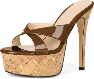 Esvowido Heeled Mules for Women Cork Platform Stiletto Heels Slip on Open Toe High Heeled Sandals Crisscross Slippers Pumps Shoes