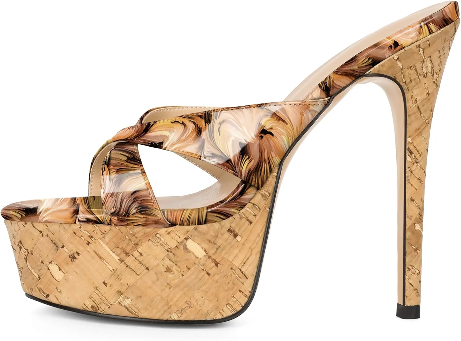 Esvowido Heeled Mules for Women Cork Platform Stiletto Heels Slip on Open Toe High Heeled Sandals Crisscross Slippers Pumps Shoes