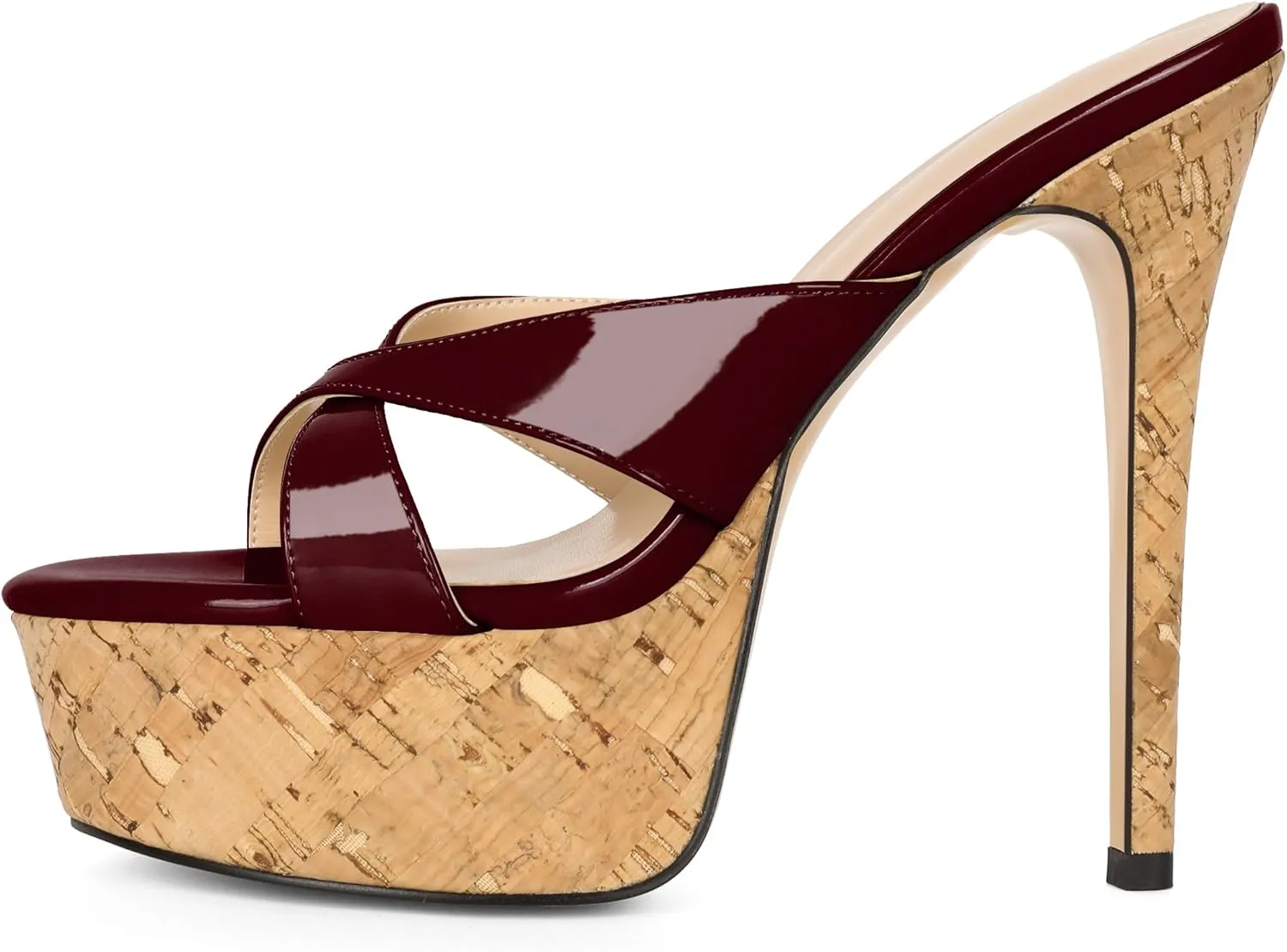 Esvowido Heeled Mules for Women Cork Platform Stiletto Heels Slip on Open Toe High Heeled Sandals Crisscross Slippers Pumps Shoes