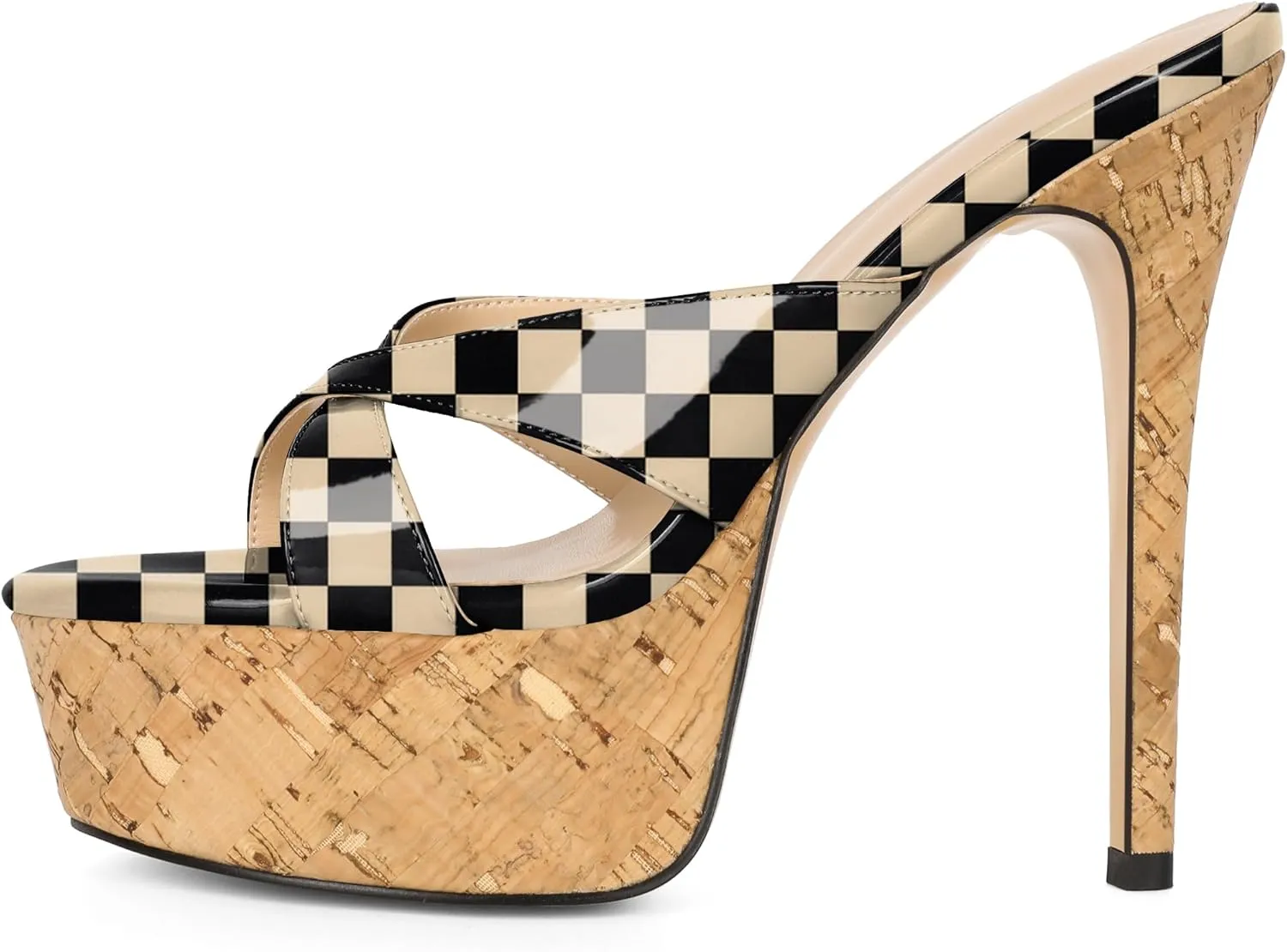 Esvowido Heeled Mules for Women Cork Platform Stiletto Heels Slip on Open Toe High Heeled Sandals Crisscross Slippers Pumps Shoes