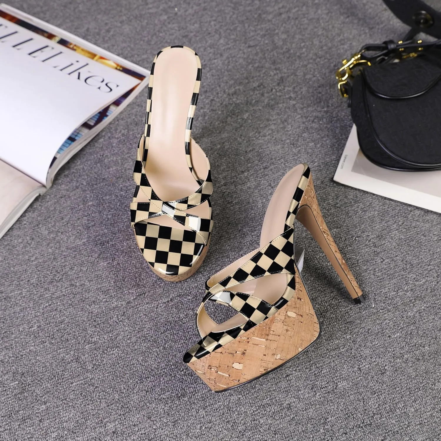 Esvowido Heeled Mules for Women Cork Platform Stiletto Heels Slip on Open Toe High Heeled Sandals Crisscross Slippers Pumps Shoes