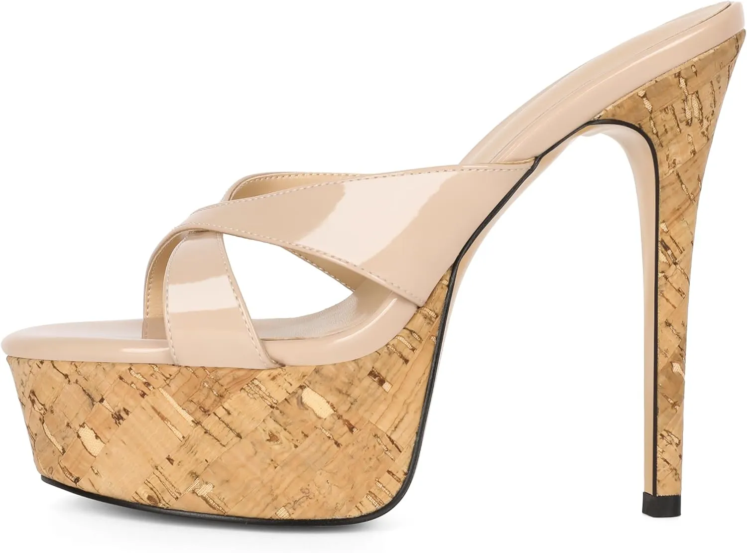 Esvowido Heeled Mules for Women Cork Platform Stiletto Heels Slip on Open Toe High Heeled Sandals Crisscross Slippers Pumps Shoes