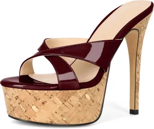 Esvowido Heeled Mules for Women Cork Platform Stiletto Heels Slip on Open Toe High Heeled Sandals Crisscross Slippers Pumps Shoes