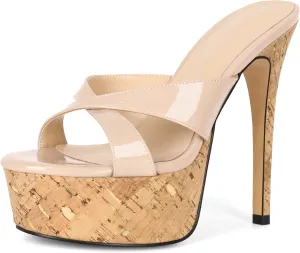 Esvowido Heeled Mules for Women Cork Platform Stiletto Heels Slip on Open Toe High Heeled Sandals Crisscross Slippers Pumps Shoes
