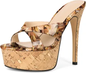 Esvowido Heeled Mules for Women Cork Platform Stiletto Heels Slip on Open Toe High Heeled Sandals Crisscross Slippers Pumps Shoes