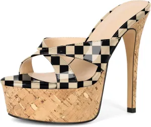 Esvowido Heeled Mules for Women Cork Platform Stiletto Heels Slip on Open Toe High Heeled Sandals Crisscross Slippers Pumps Shoes