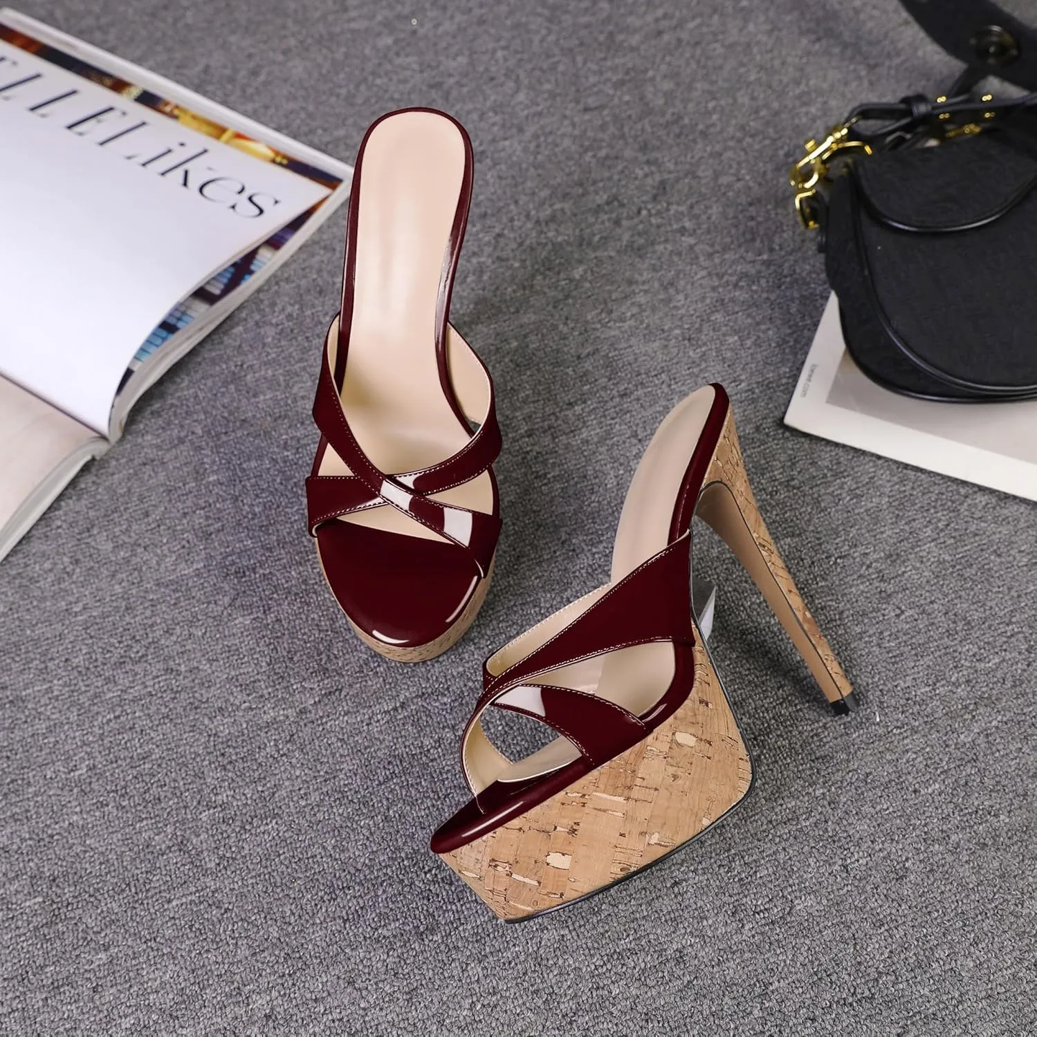 Esvowido Heeled Mules for Women Cork Platform Stiletto Heels Slip on Open Toe High Heeled Sandals Crisscross Slippers Pumps Shoes