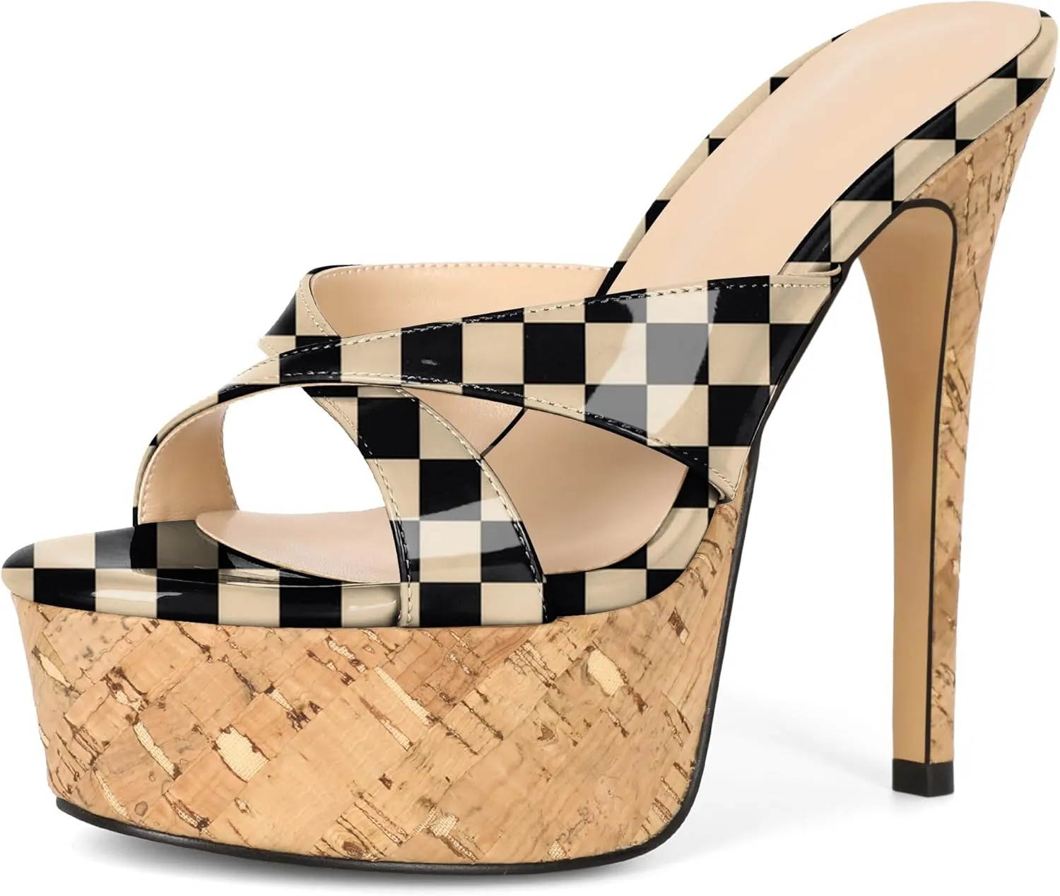 Esvowido Heeled Mules for Women Cork Platform Stiletto Heels Slip on Open Toe High Heeled Sandals Crisscross Slippers Pumps Shoes