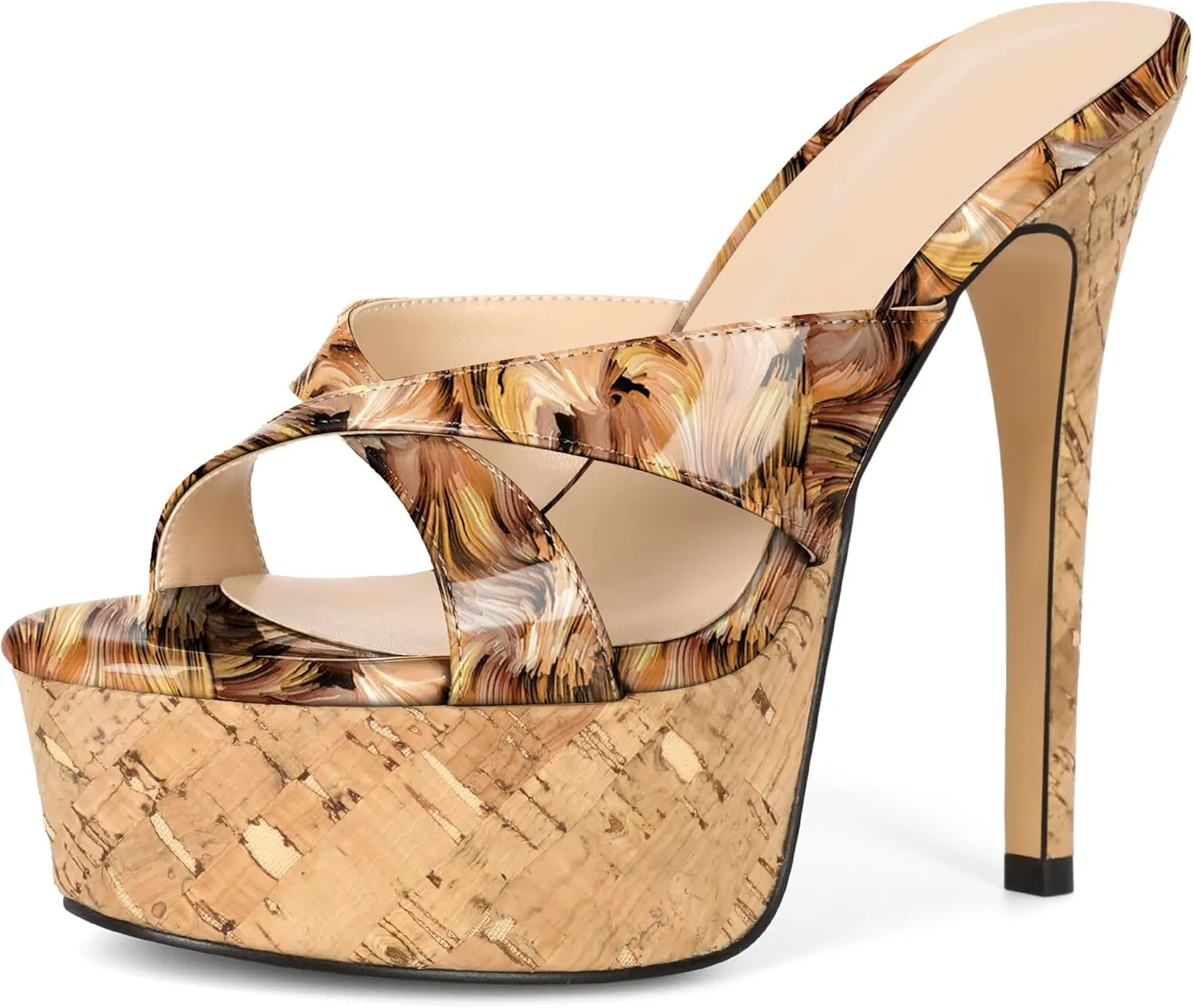 Esvowido Heeled Mules for Women Cork Platform Stiletto Heels Slip on Open Toe High Heeled Sandals Crisscross Slippers Pumps Shoes