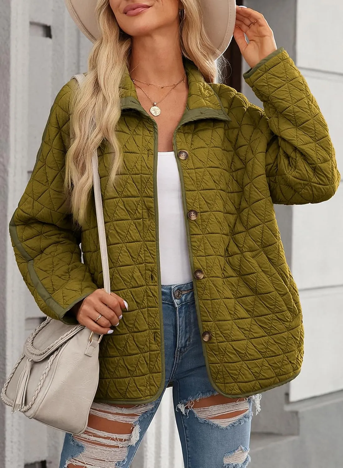 EVALESS Women's Lightweight Diamond Quilted Jacket Casual Winter Open Front Button Down Puffer Coat Outwear Cardigan