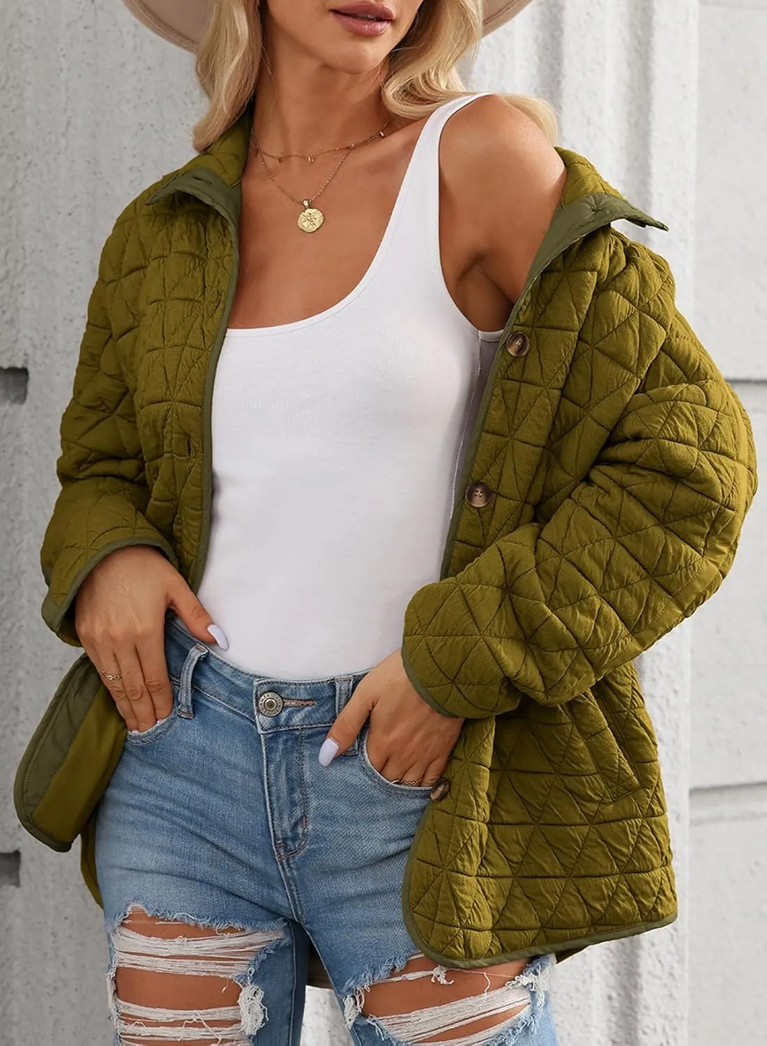 EVALESS Women's Lightweight Diamond Quilted Jacket Casual Winter Open Front Button Down Puffer Coat Outwear Cardigan