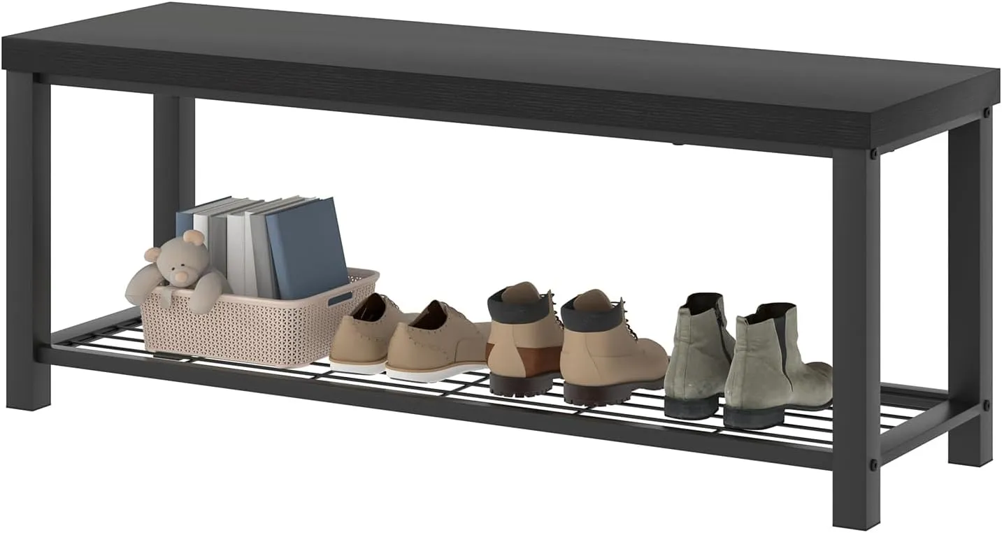 EXCEFUR Entryway Bench, Modern Wood and Metal Storage Bench for Hallway Front Door Entrance, Industrial Indoor Shoe Rack Bench Seat for Bedroom Living Room, 43.3 Inch Black