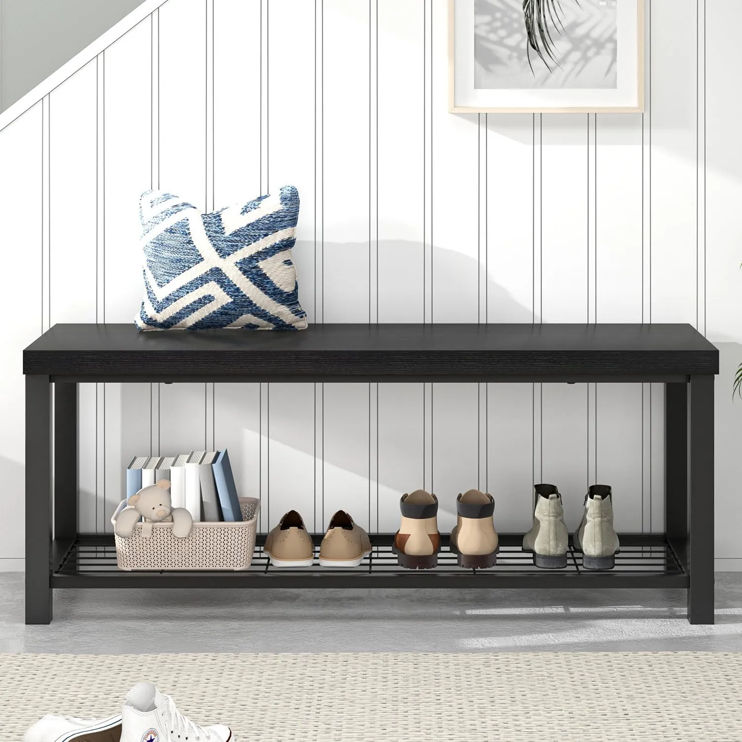 EXCEFUR Entryway Bench, Modern Wood and Metal Storage Bench for Hallway Front Door Entrance, Industrial Indoor Shoe Rack Bench Seat for Bedroom Living Room, 43.3 Inch Black