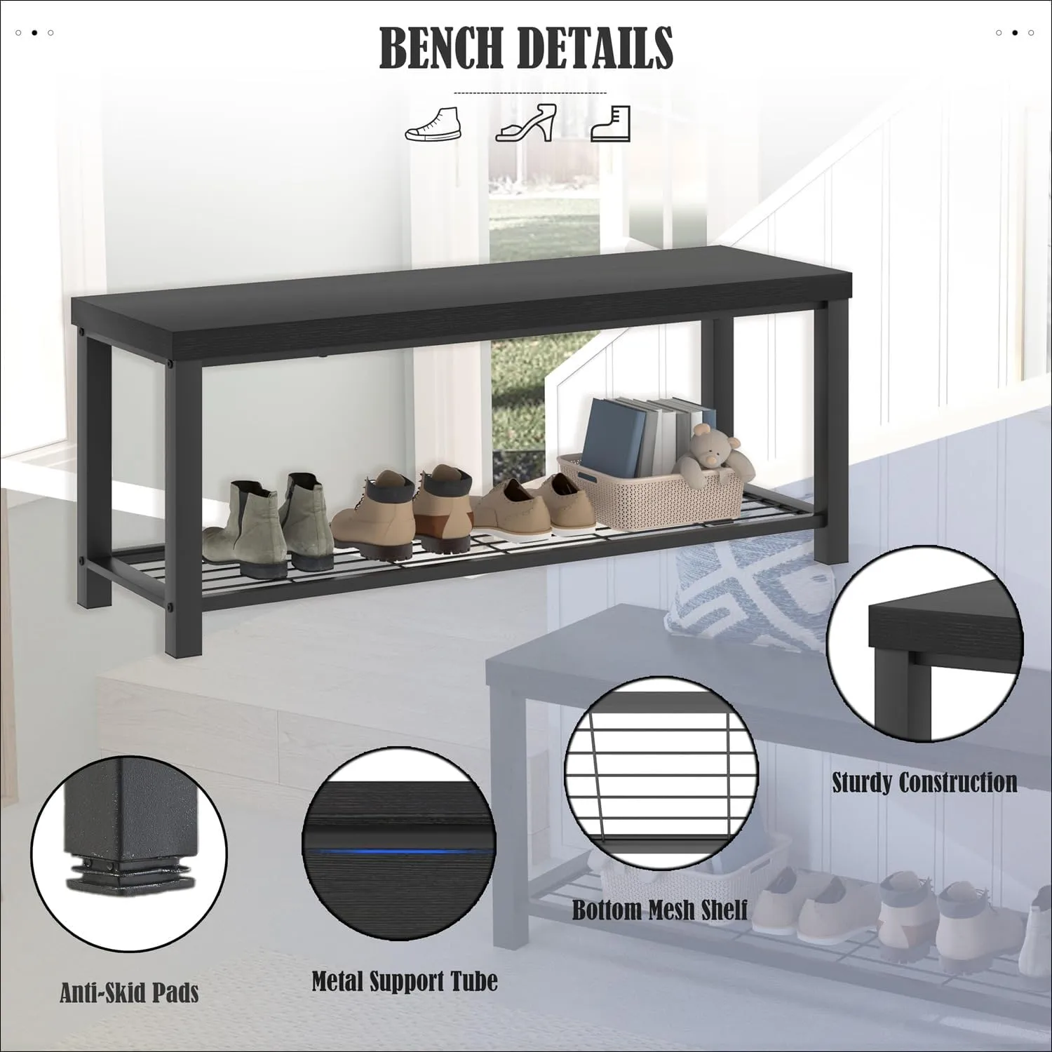 EXCEFUR Entryway Bench, Modern Wood and Metal Storage Bench for Hallway Front Door Entrance, Industrial Indoor Shoe Rack Bench Seat for Bedroom Living Room, 43.3 Inch Black