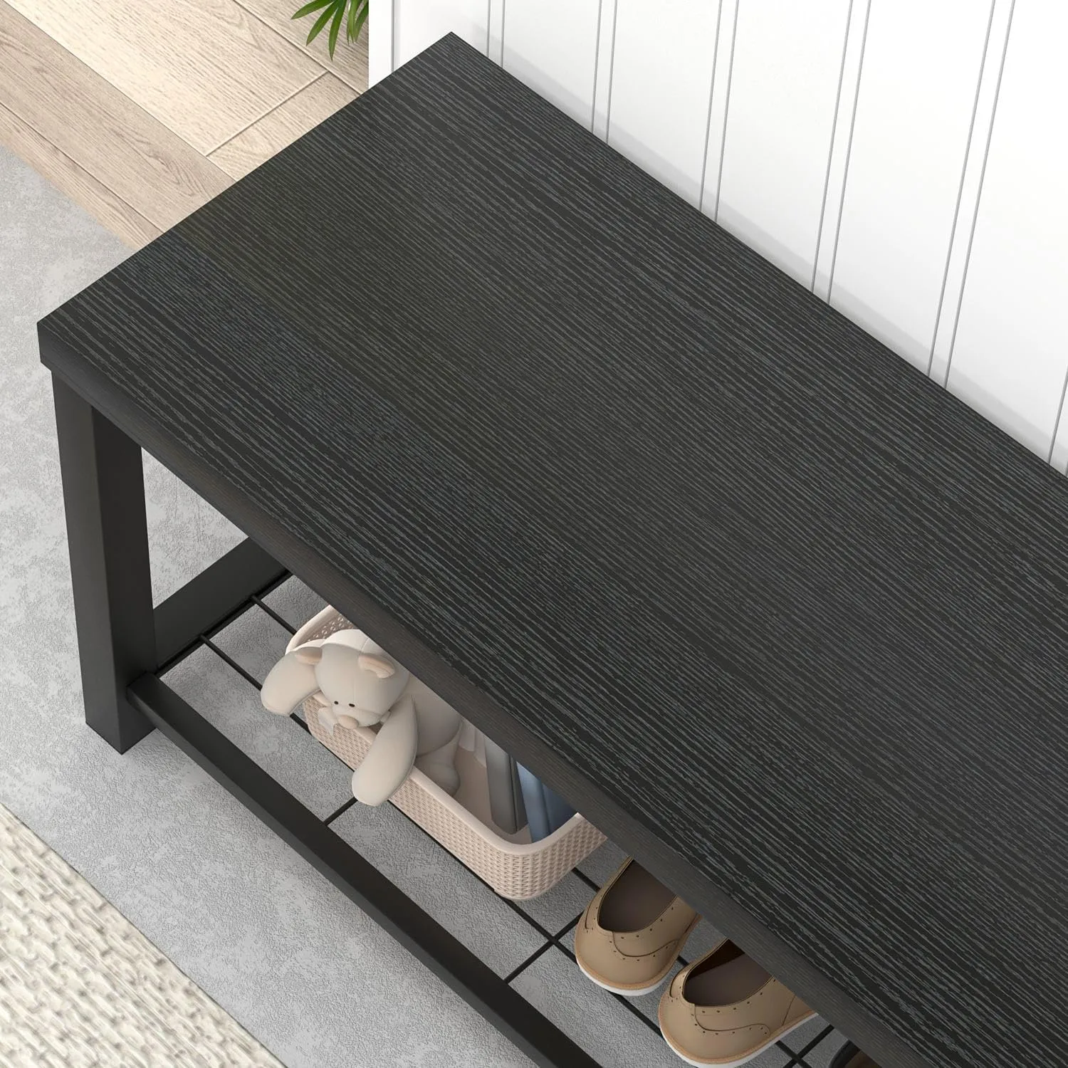 EXCEFUR Entryway Bench, Modern Wood and Metal Storage Bench for Hallway Front Door Entrance, Industrial Indoor Shoe Rack Bench Seat for Bedroom Living Room, 43.3 Inch Black