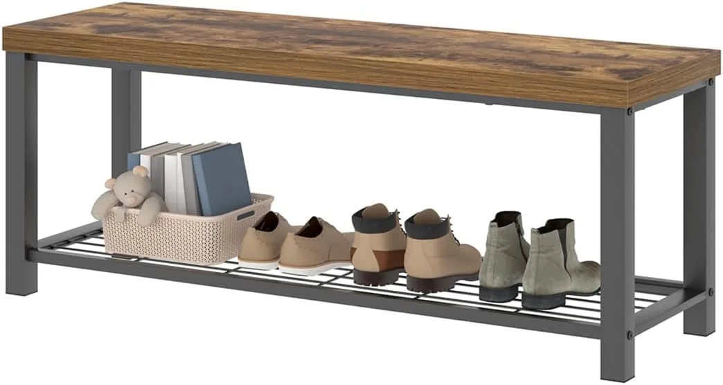 EXCEFUR Entryway Bench, Modern Wood and Metal Storage Bench for Hallway Front Door Entrance, Industrial Indoor Shoe Rack Bench Seat for Living Room Bedroom, 43.3 Inch Rustic Brown
