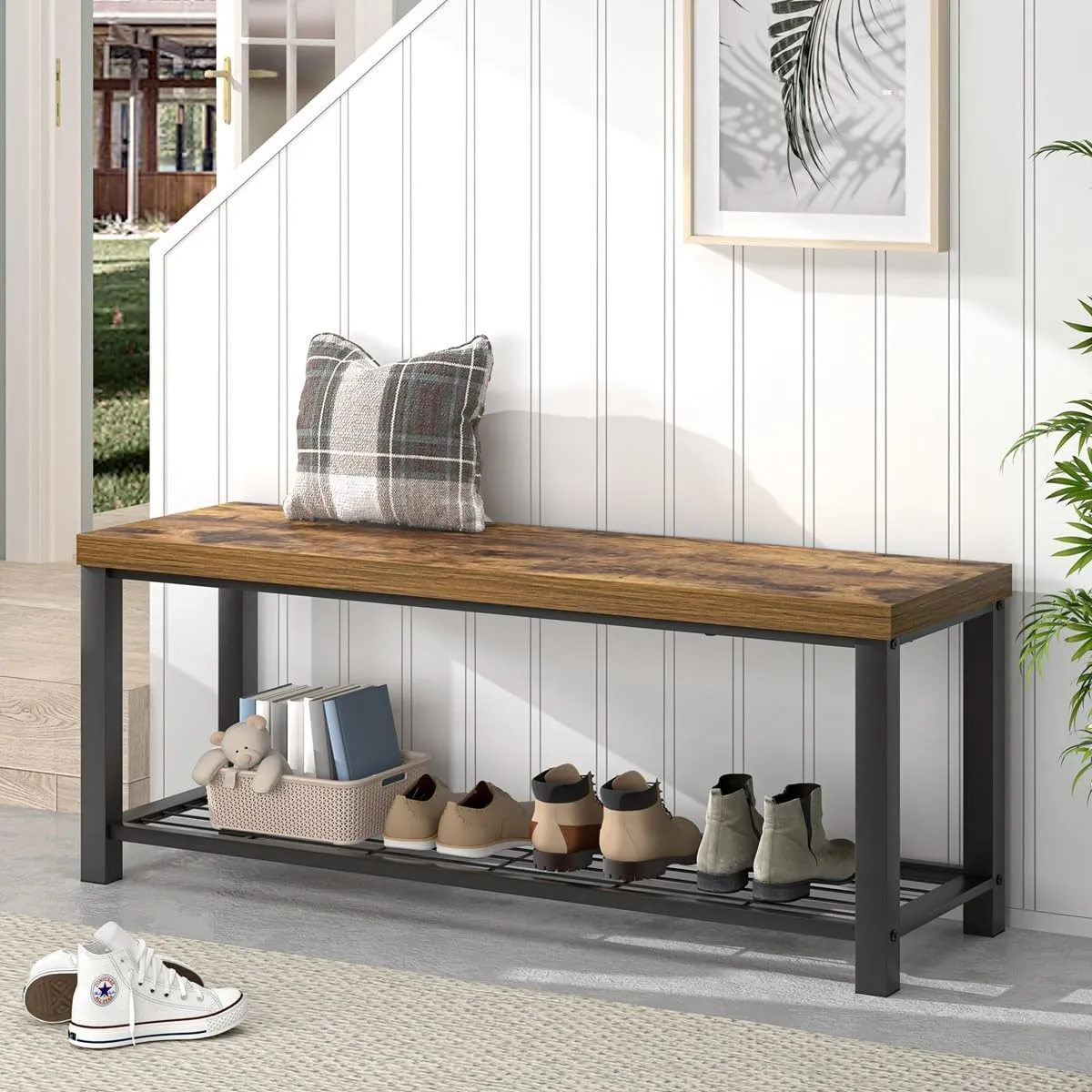 EXCEFUR Entryway Bench, Modern Wood and Metal Storage Bench for Hallway Front Door Entrance, Industrial Indoor Shoe Rack Bench Seat for Living Room Bedroom, 43.3 Inch Rustic Brown