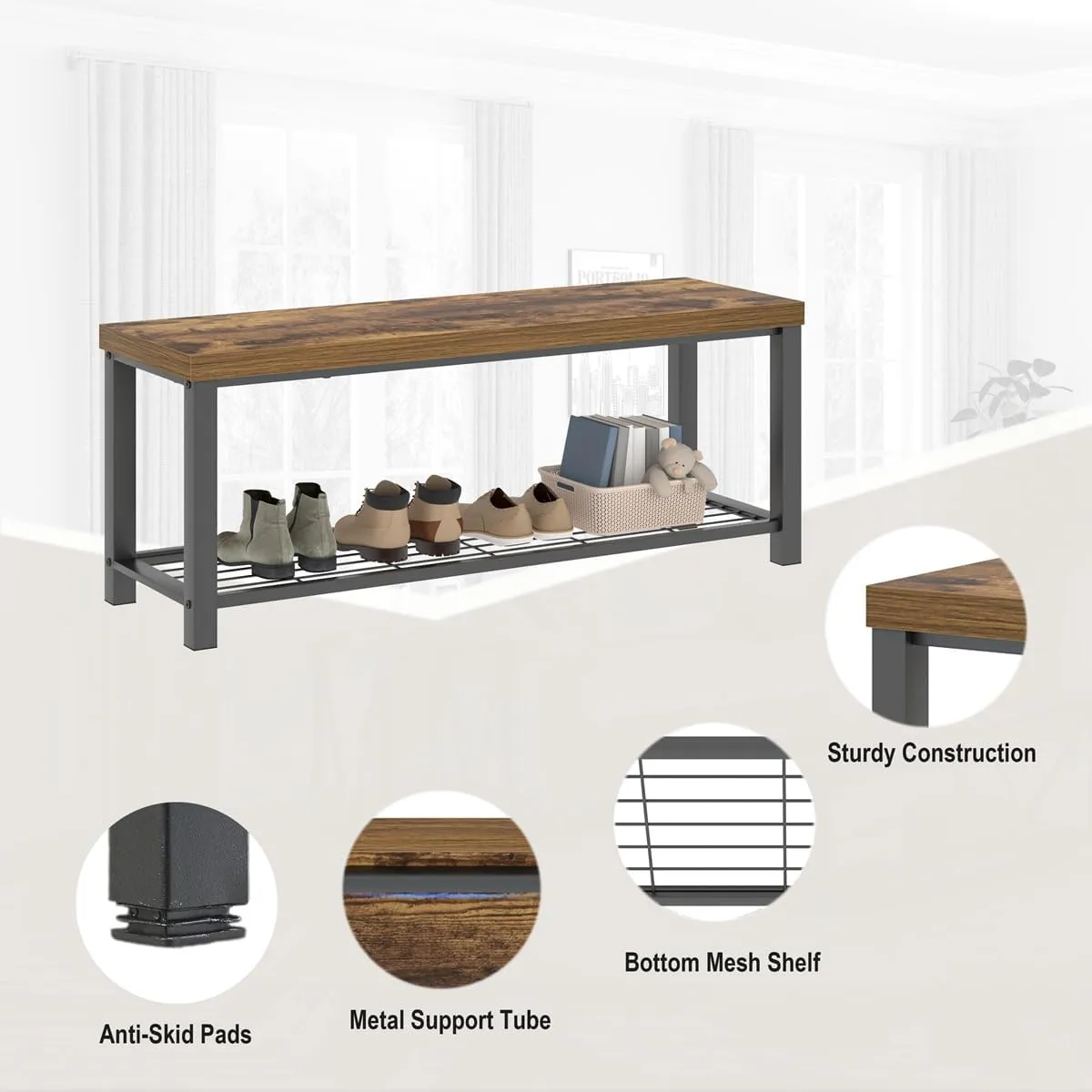 EXCEFUR Entryway Bench, Modern Wood and Metal Storage Bench for Hallway Front Door Entrance, Industrial Indoor Shoe Rack Bench Seat for Living Room Bedroom, 43.3 Inch Rustic Brown