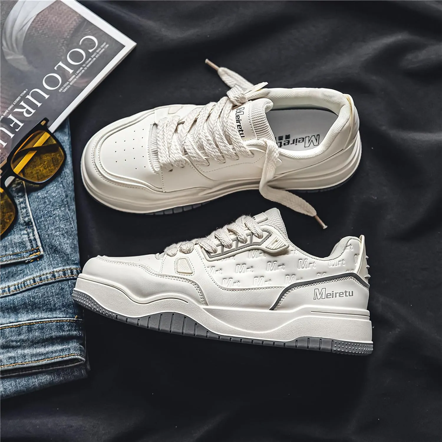 Exusiai Mens Fashion Streetwear Shoes Casual Non Slip Lace-Up Walking Chunky Sneakers Outdoor White Comfortable Breathable Dad Shoes