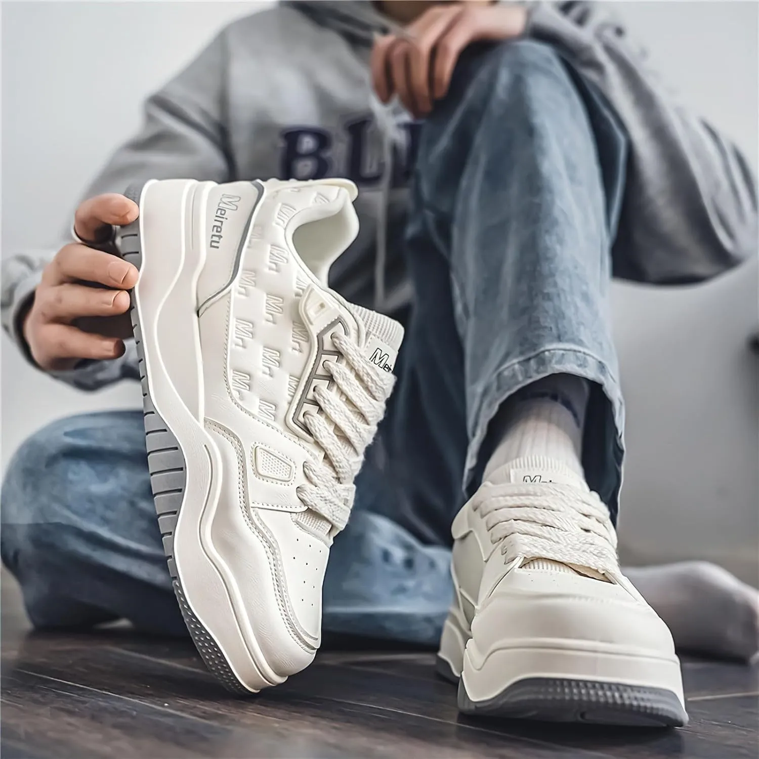 Exusiai Mens Fashion Streetwear Shoes Casual Non Slip Lace-Up Walking Chunky Sneakers Outdoor White Comfortable Breathable Dad Shoes