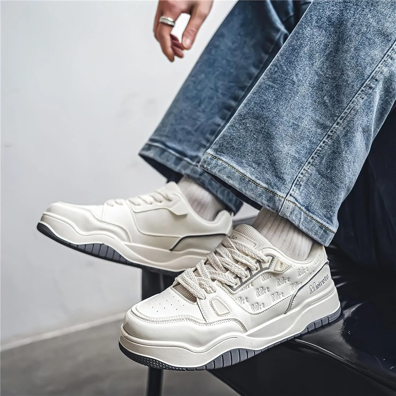 Exusiai Mens Fashion Streetwear Shoes Casual Non Slip Lace-Up Walking Chunky Sneakers Outdoor White Comfortable Breathable Dad Shoes