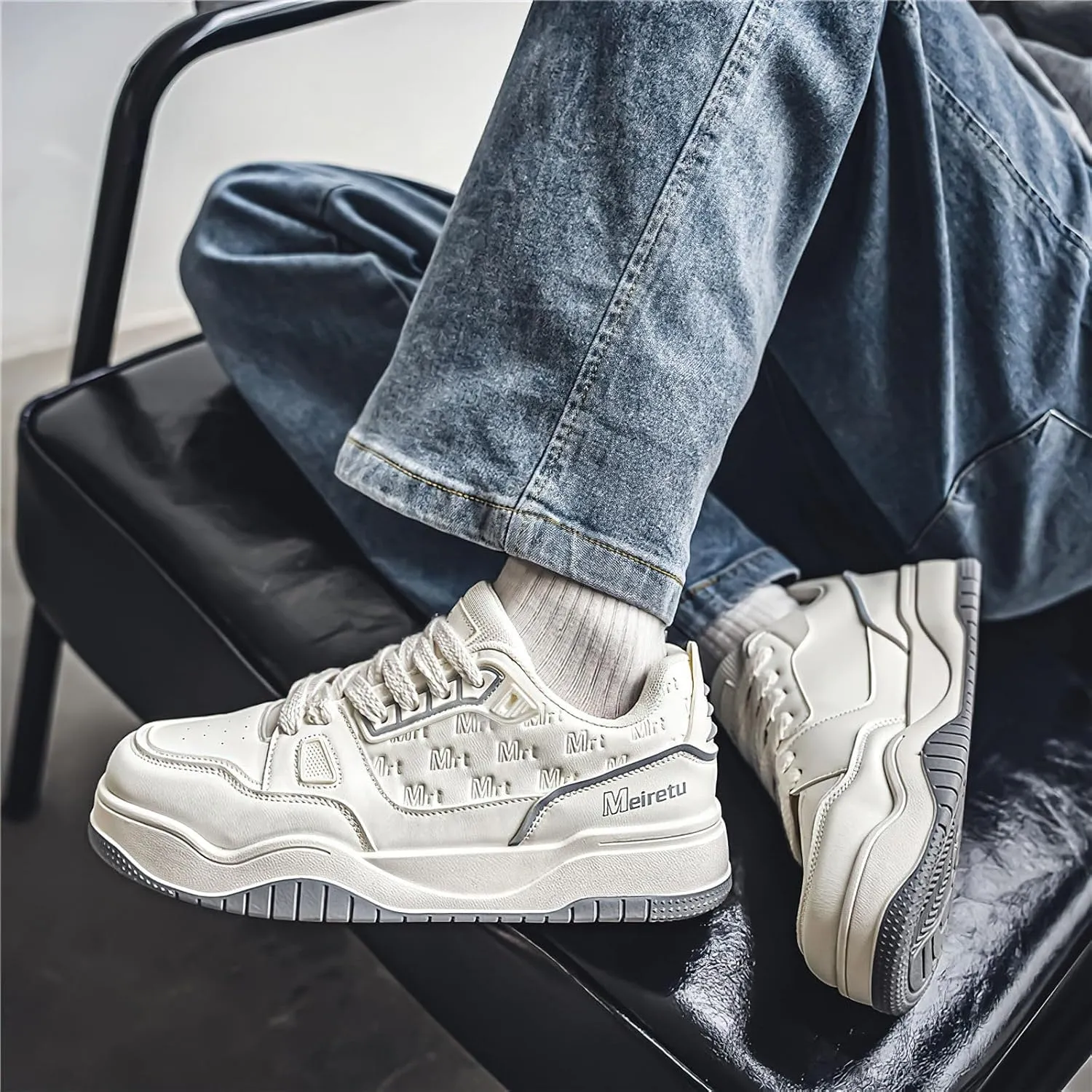 Exusiai Mens Fashion Streetwear Shoes Casual Non Slip Lace-Up Walking Chunky Sneakers Outdoor White Comfortable Breathable Dad Shoes