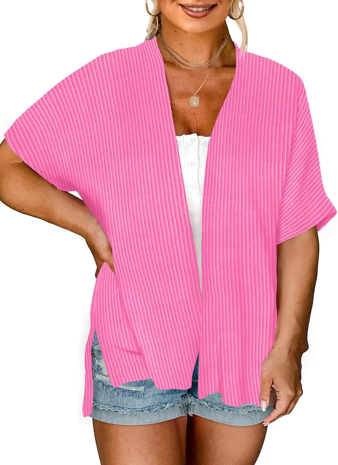 Eytino Women Plus Size Lightweight Cardigan Half Sleeve Ribbed Knit Kimono Cardigans Tops(1X-5X)