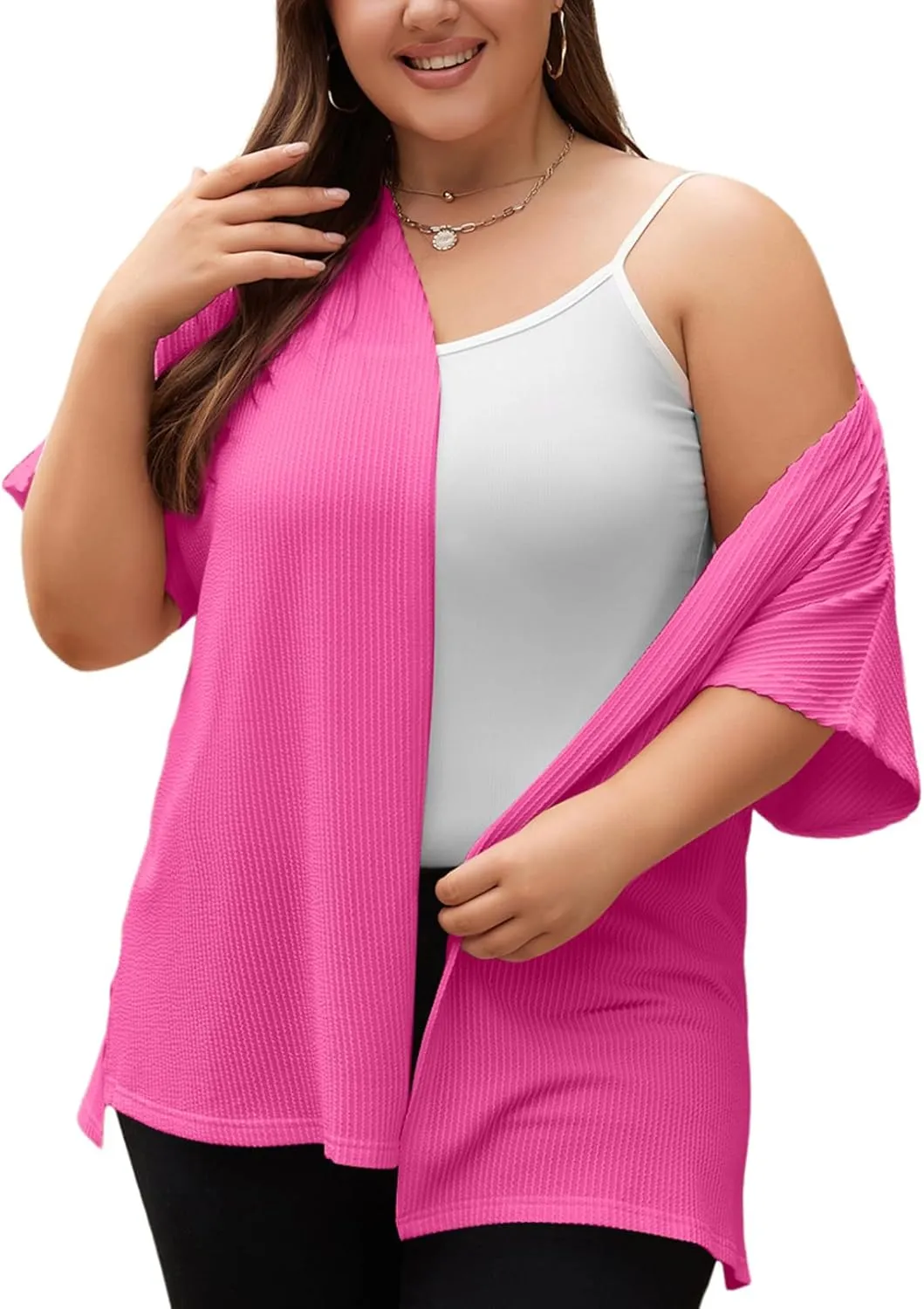 Eytino Women Plus Size Lightweight Cardigan Half Sleeve Ribbed Knit Kimono Cardigans Tops(1X-5X)