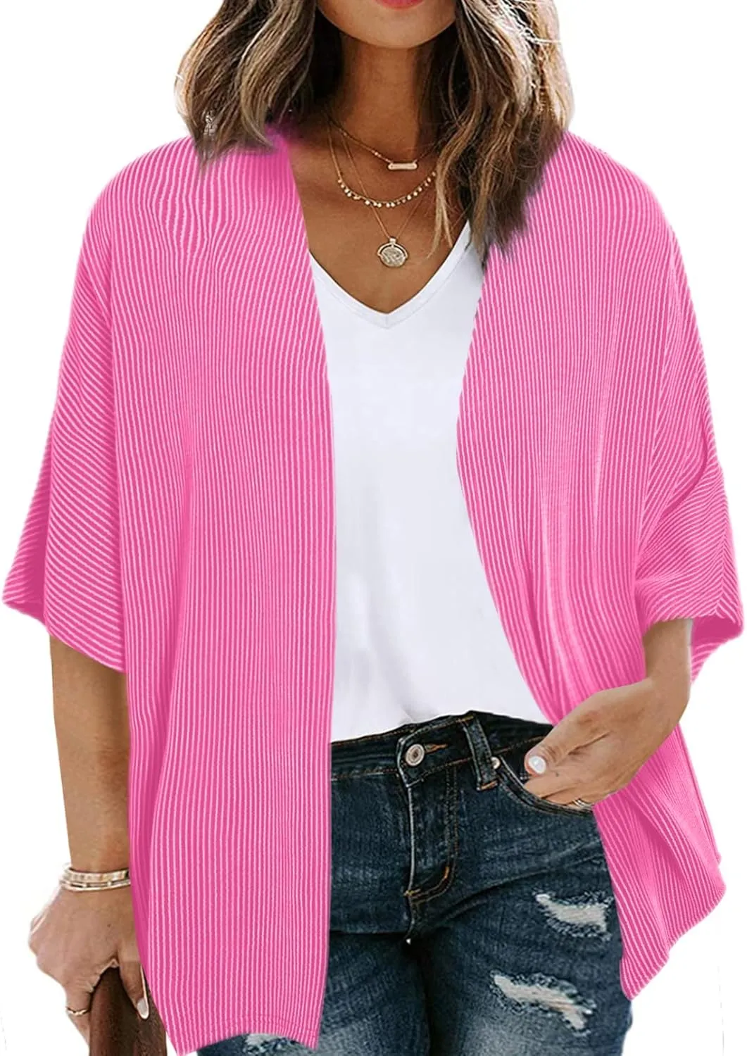 Eytino Women Plus Size Lightweight Cardigan Half Sleeve Ribbed Knit Kimono Cardigans Tops(1X-5X)