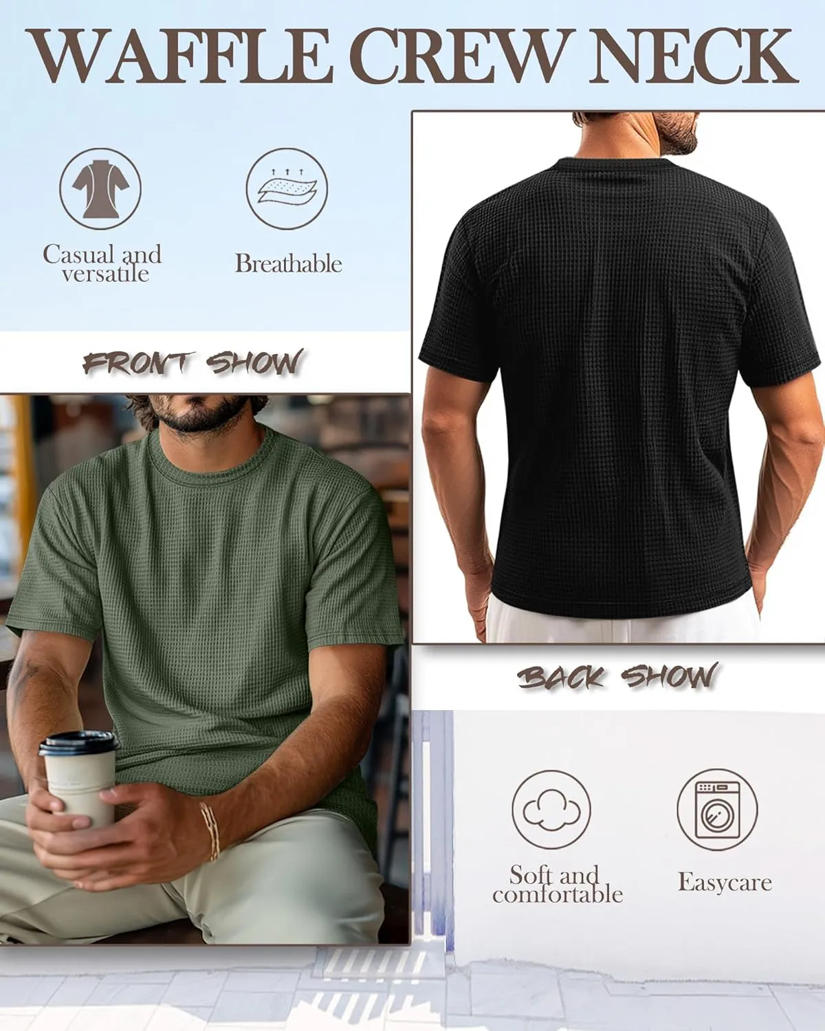 Ficerd 3 Pack Men's Short Sleeve Waffle Knit Shirts, Casual Textured Crew Neck Summer T-Shirts Lightweight Solid Pullover Tee