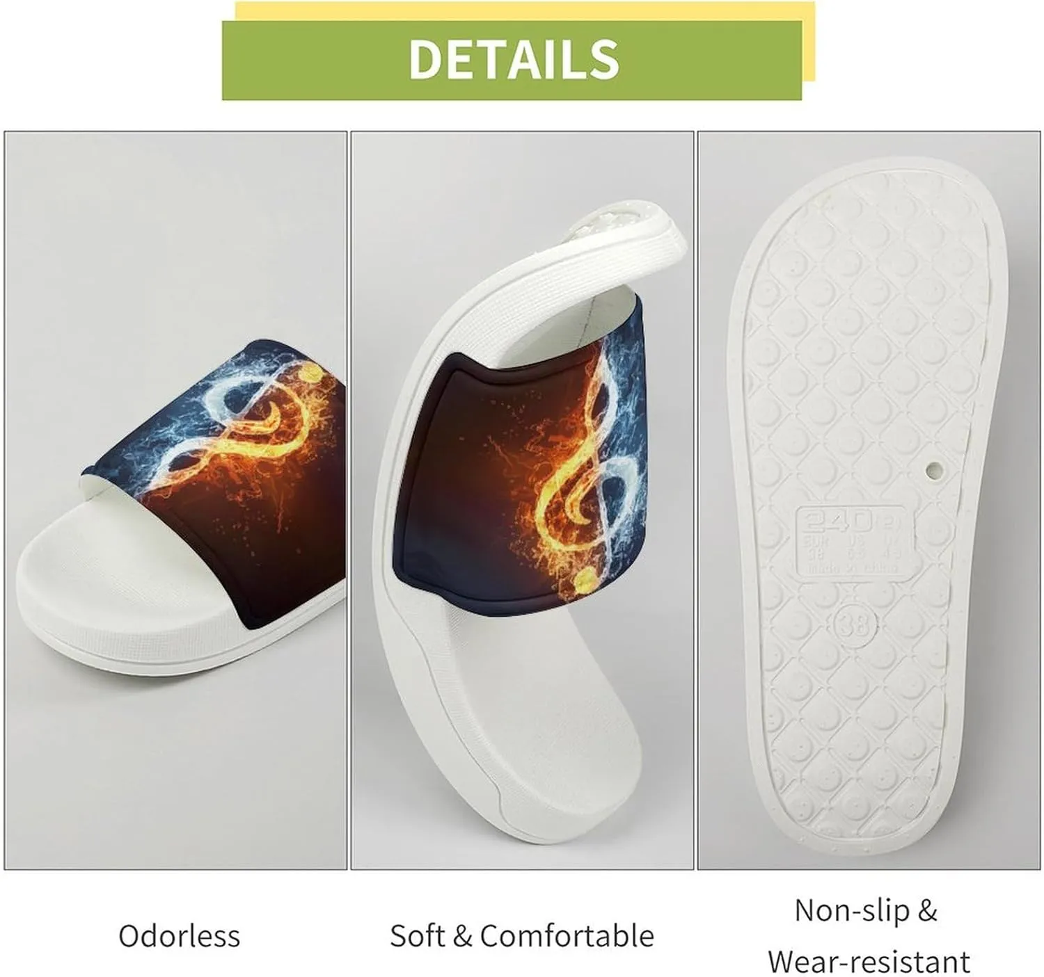 Fire Water Music Note Home Slipper PVC Shower Slipper Non-Slip Open Toe Slipper Soft Sole Pool Sandals for Men Women