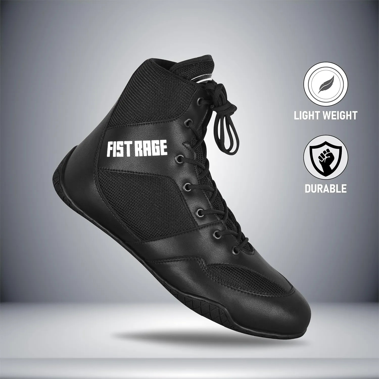 FISTRAGE Boxing Shoes Lightweight Microfiber Leather Kickboxing Training and Fighting Boots Pro Fighters with Mesh and Rubber Sole for Extra Grip - Ventilated Design - Men, Women, Kids Sizes Along With Sting Bag