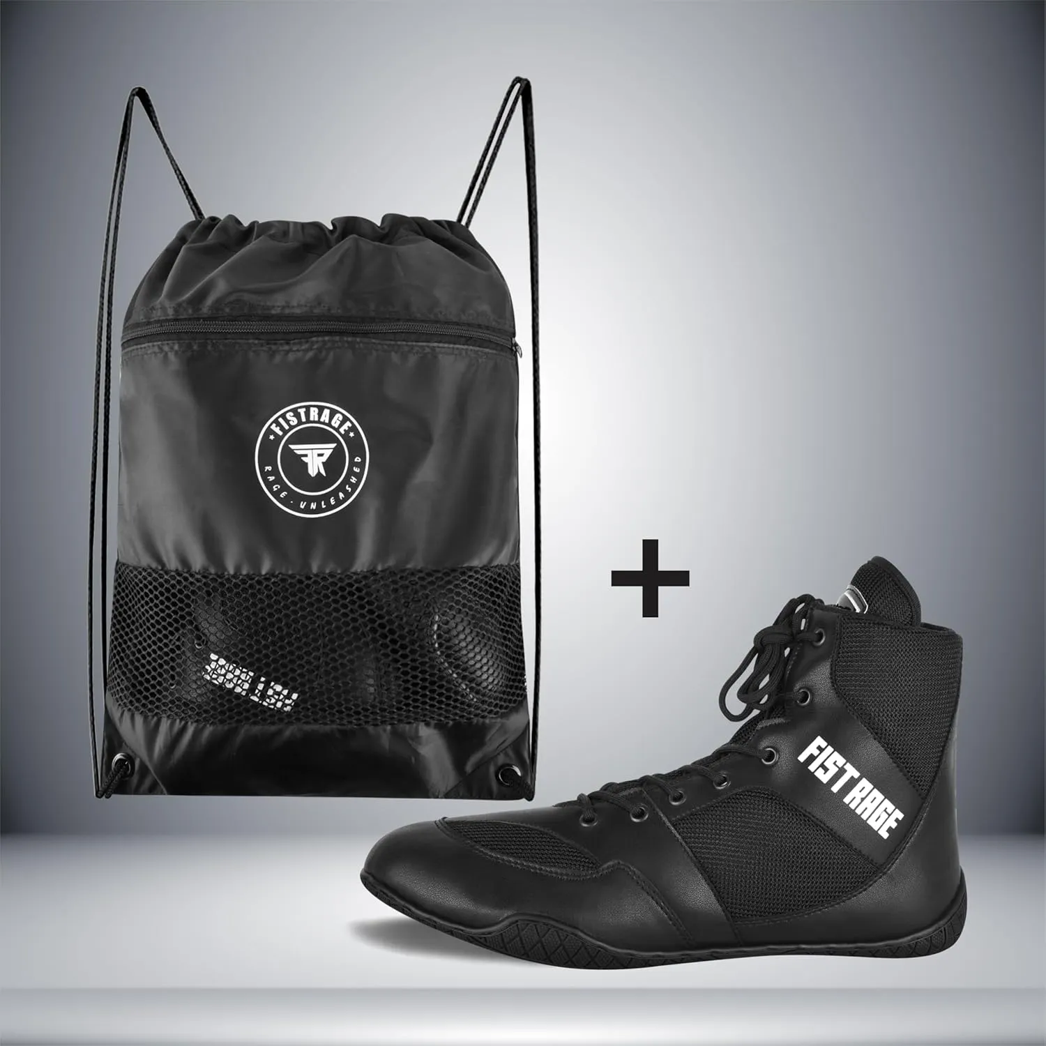 FISTRAGE Boxing Shoes Lightweight Microfiber Leather Kickboxing Training and Fighting Boots Pro Fighters with Mesh and Rubber Sole for Extra Grip - Ventilated Design - Men, Women, Kids Sizes Along With Sting Bag