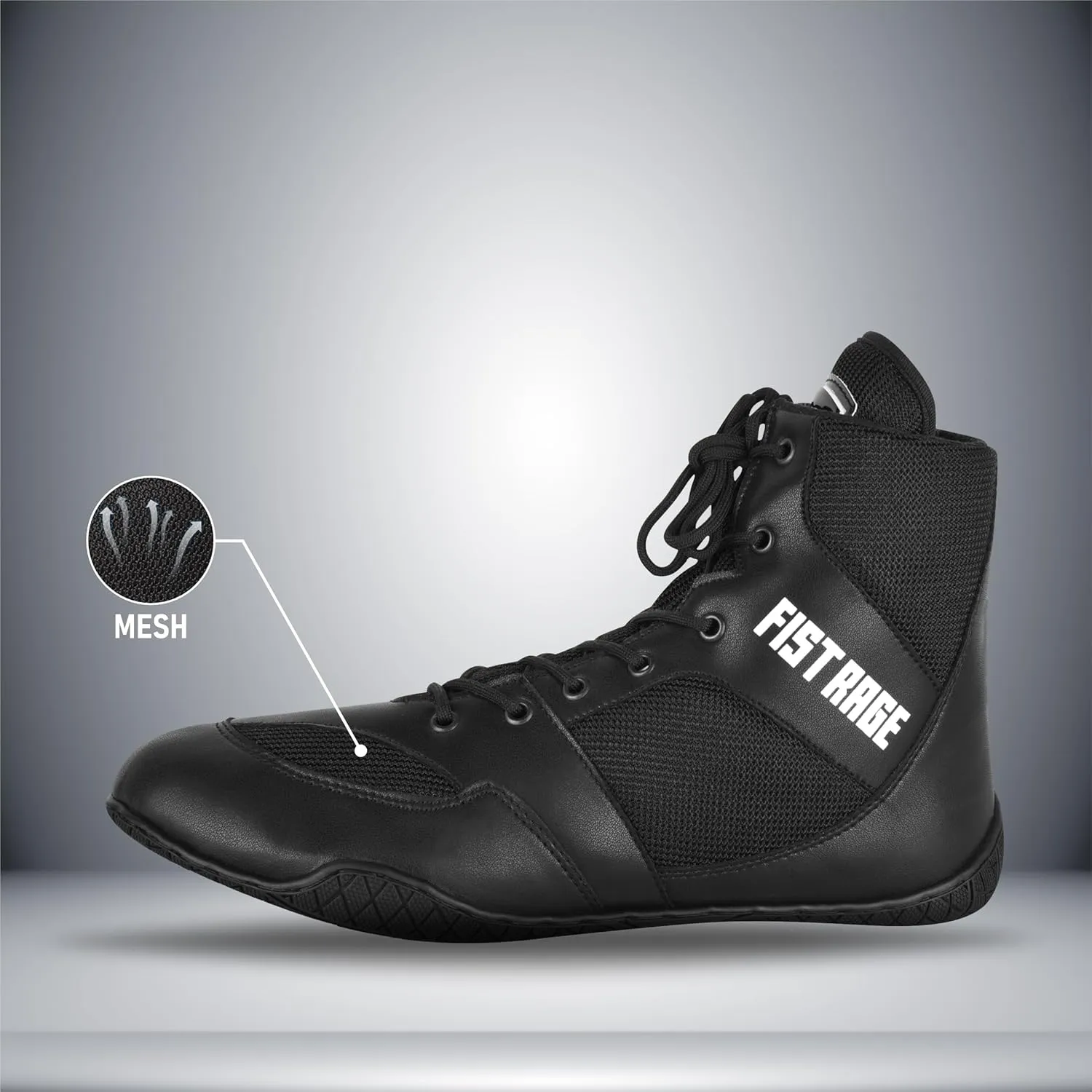 FISTRAGE Boxing Shoes Lightweight Microfiber Leather Kickboxing Training and Fighting Boots Pro Fighters with Mesh and Rubber Sole for Extra Grip - Ventilated Design - Men, Women, Kids Sizes Along With Sting Bag