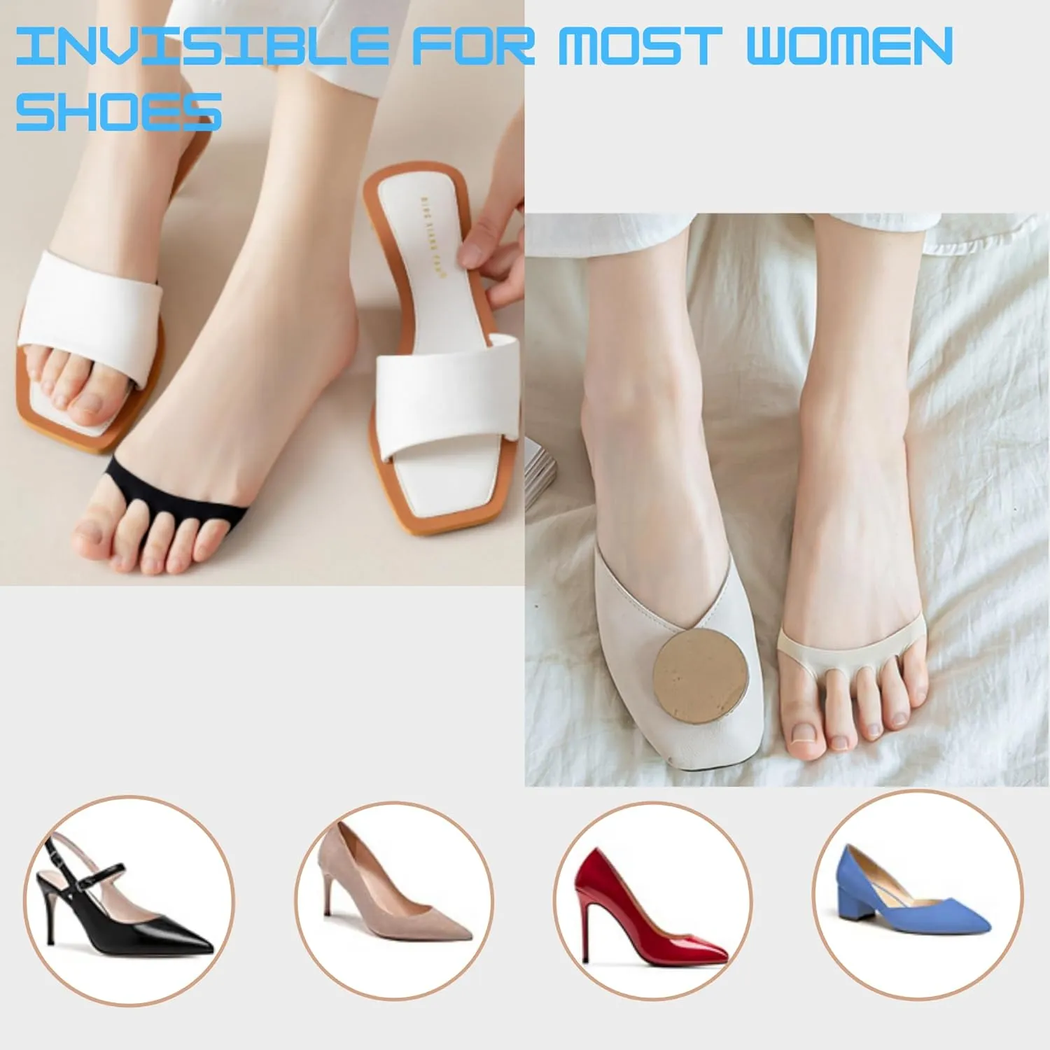 Flammi 6 Pairs Ball of Foot Cushion Socks,Women's Toe Cover with Padding Toe Topper Liner Socks Non-Skid Bottom