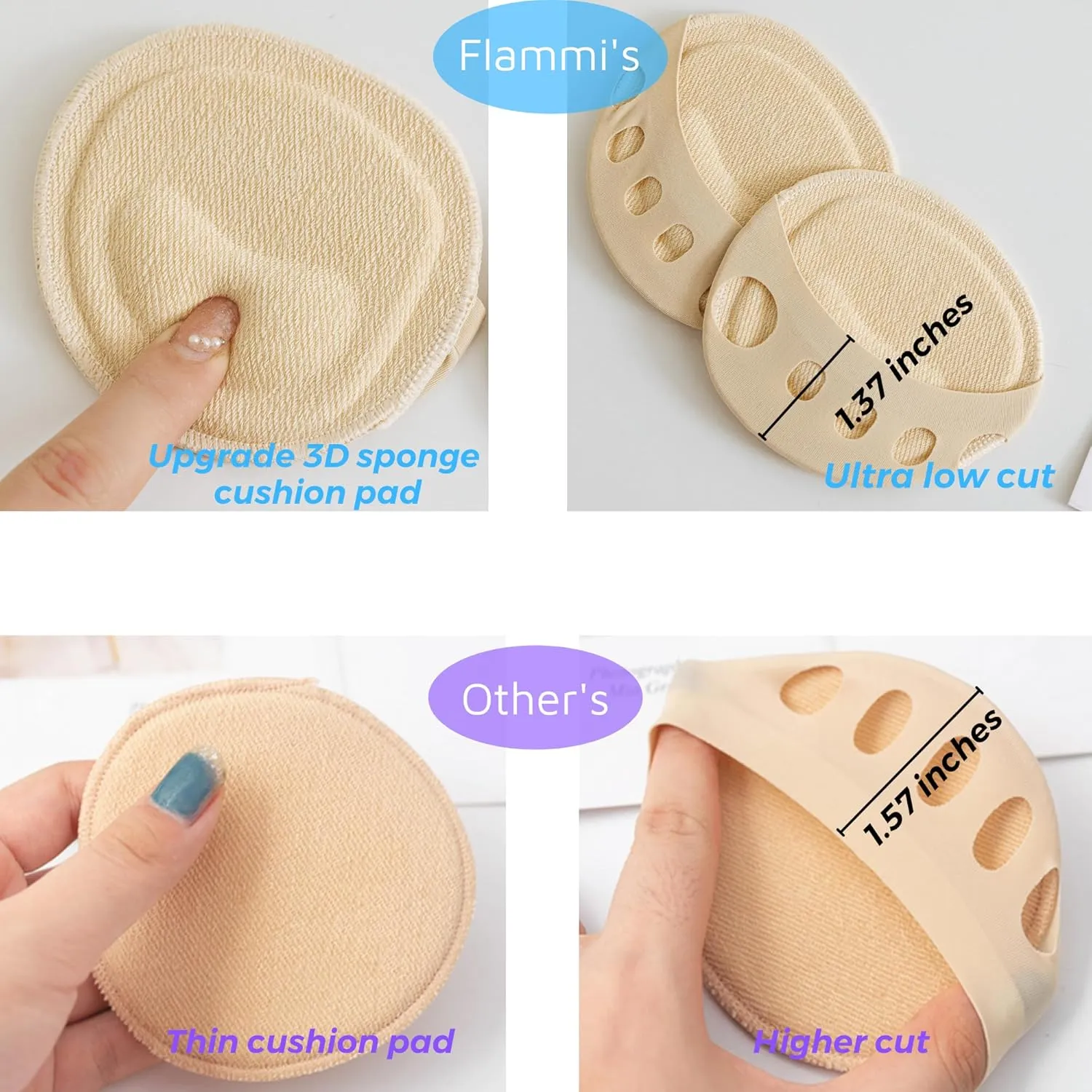 Flammi 6 Pairs Ball of Foot Cushion Socks,Women's Toe Cover with Padding Toe Topper Liner Socks Non-Skid Bottom