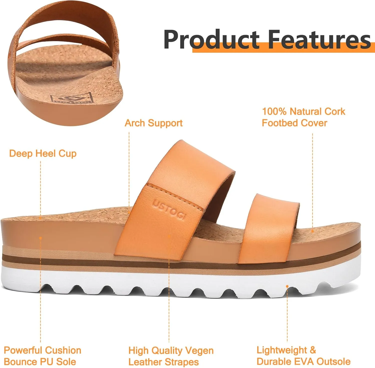 Flatform Platform Sandals Women Arch Support Beach Slides Orthotic Summer Causal Cork Footbed Adjustable Lightweight Thick Sole Comfortable Fashion Slip on Cushion Cute 2 Strap