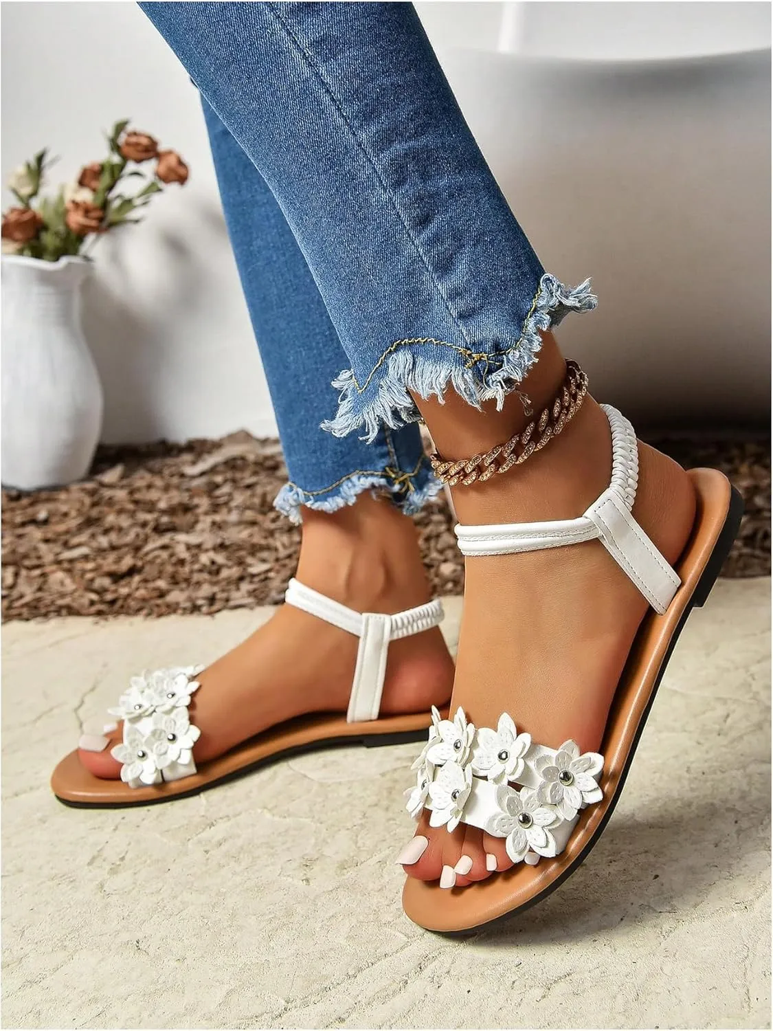 Floerns Women's Floral Elastic Ankle Straps Slipper Summer Beach Flat Sandals