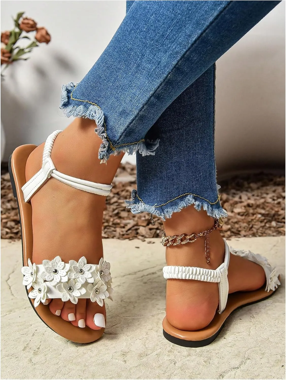 Floerns Women's Floral Elastic Ankle Straps Slipper Summer Beach Flat Sandals