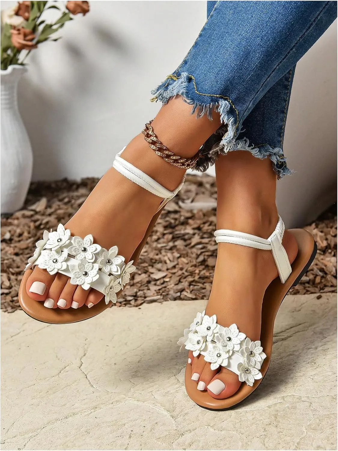 Floerns Women's Floral Elastic Ankle Straps Slipper Summer Beach Flat Sandals