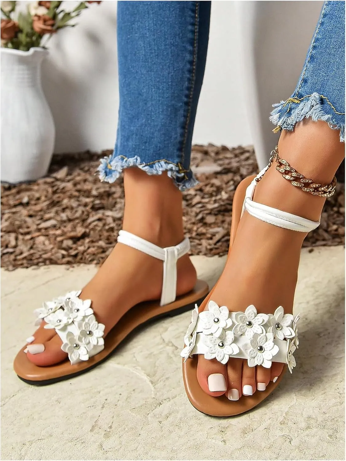 Floerns Women's Floral Elastic Ankle Straps Slipper Summer Beach Flat Sandals