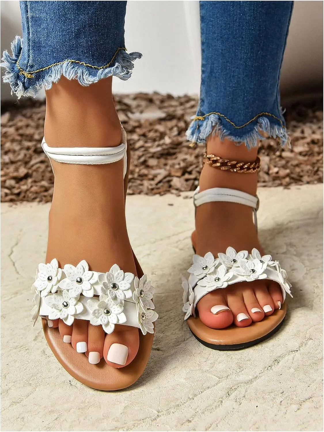 Floerns Women's Floral Elastic Ankle Straps Slipper Summer Beach Flat Sandals