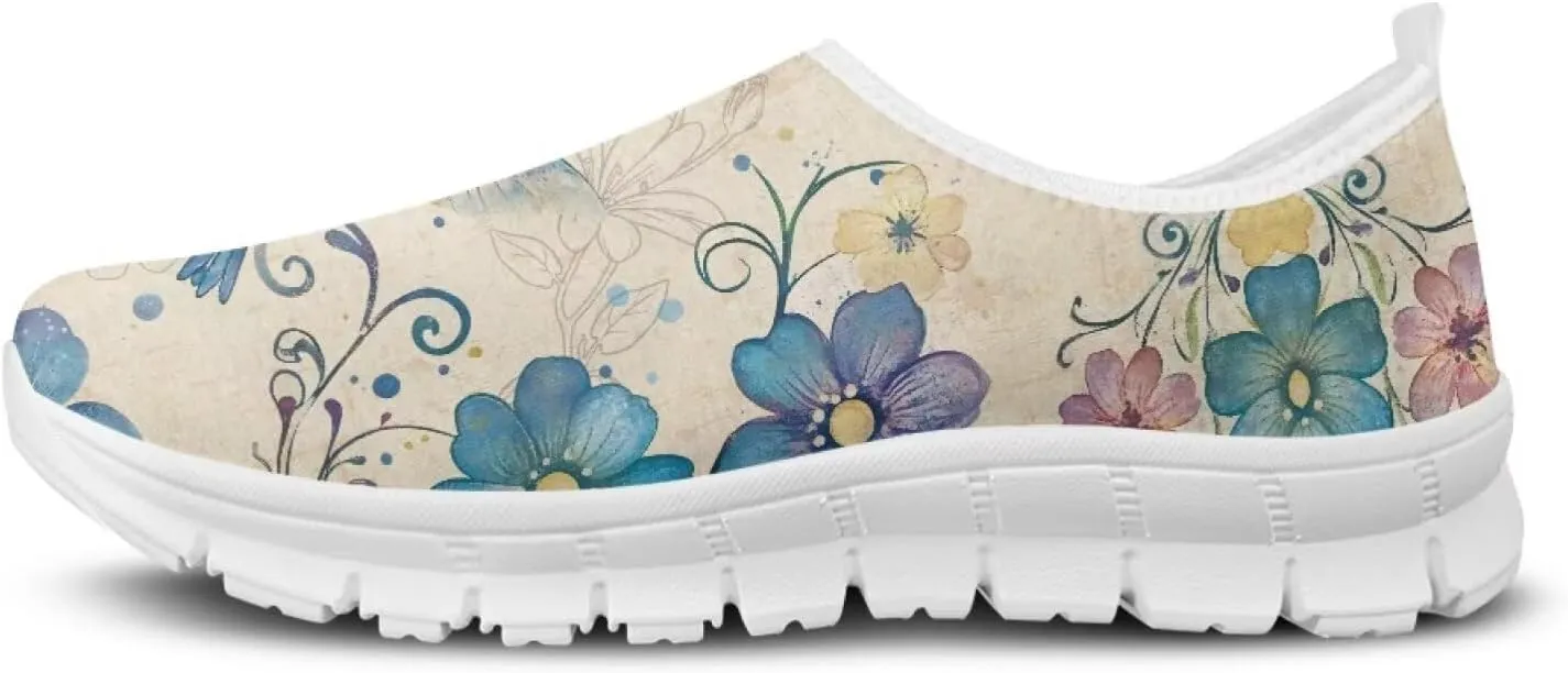 Flowers Print Women Slip On Low Top Casual Loafers Comfortable Travel Walking Shoes Non Slip Sports Mesh Running Sneakers US 5-13 for Winter