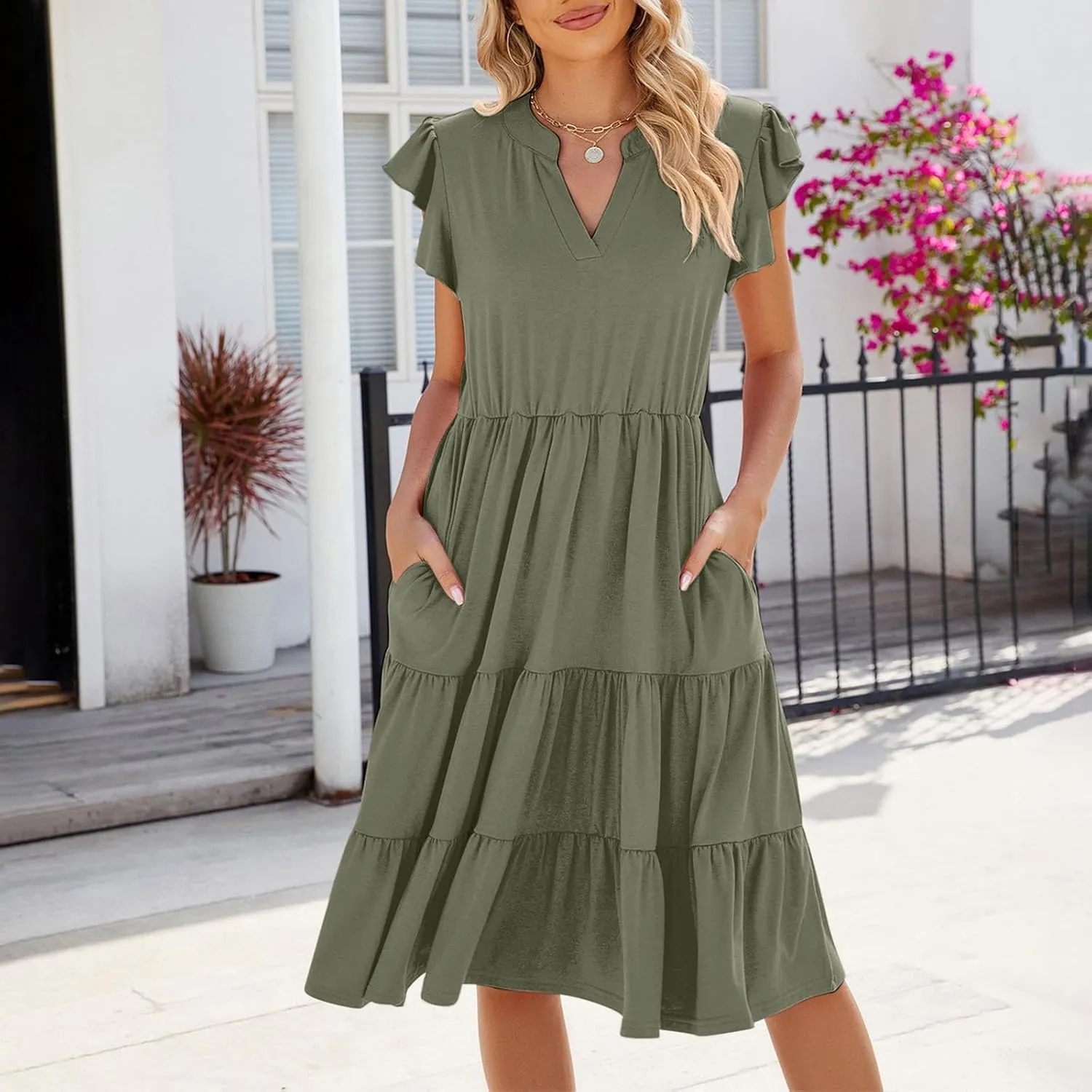 Flowy Dresses for Women Casual Summer Ruffle Sleeve V Neck Midi Dress Tiered Swing Boho Beach Vacation 2025 Sundress
