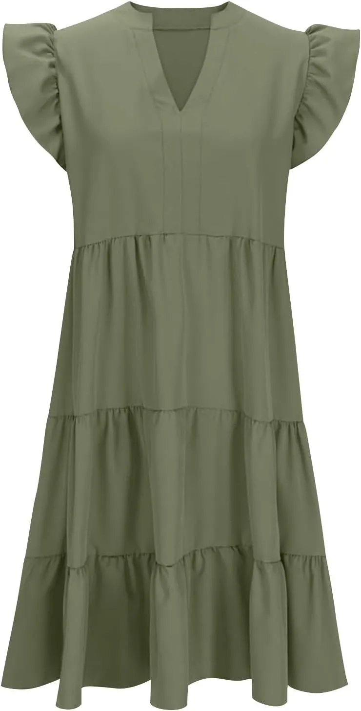 Flowy Dresses for Women Casual Summer Ruffle Sleeve V Neck Midi Dress Tiered Swing Boho Beach Vacation 2025 Sundress