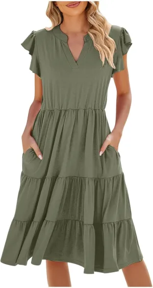 Flowy Dresses for Women Casual Summer Ruffle Sleeve V Neck Midi Dress Tiered Swing Boho Beach Vacation 2025 Sundress