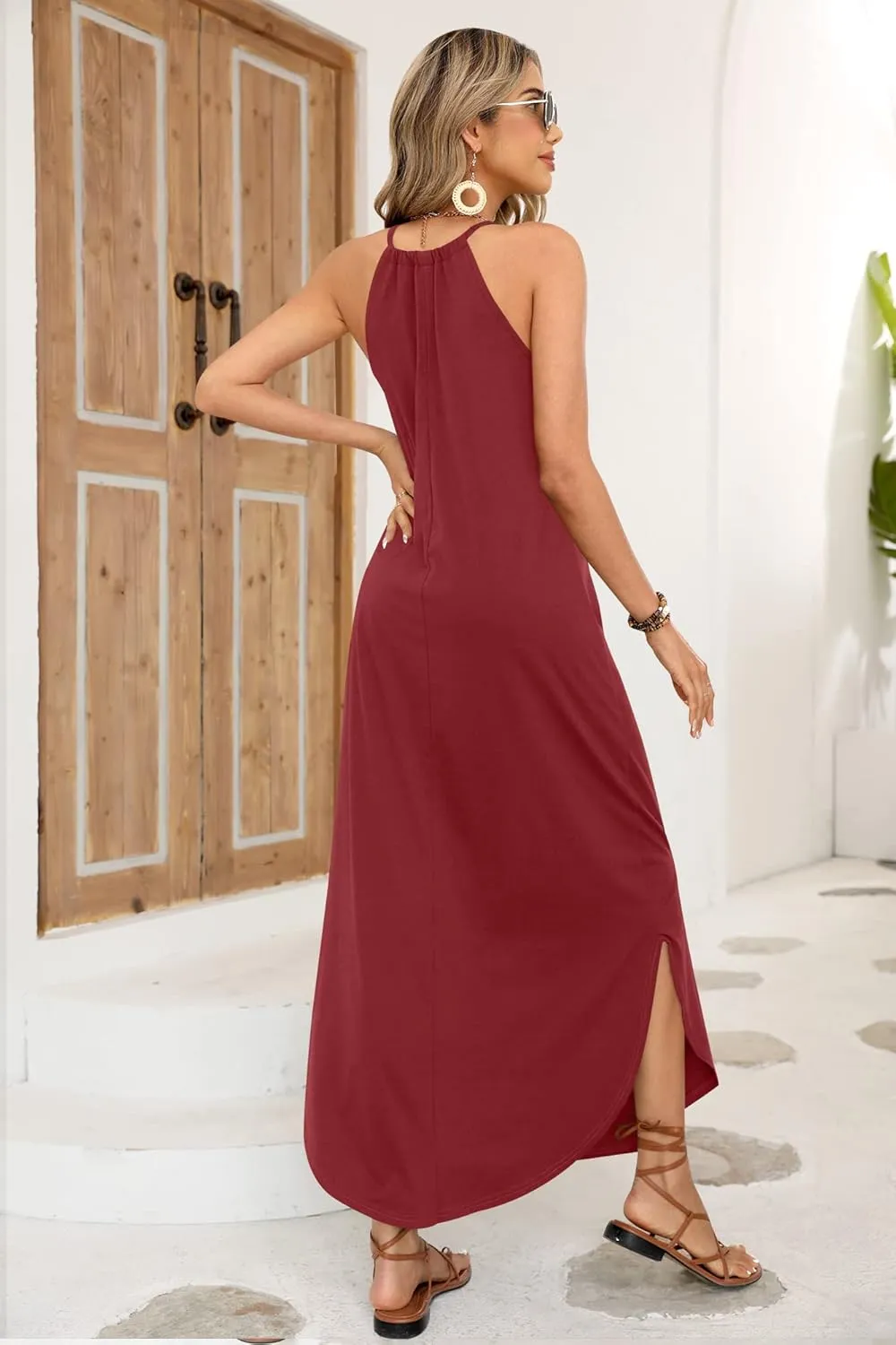 For G and PL Women's Summer Casual Halter Side Slit Long Maxi Beach Dress Vacation Resort Sundress